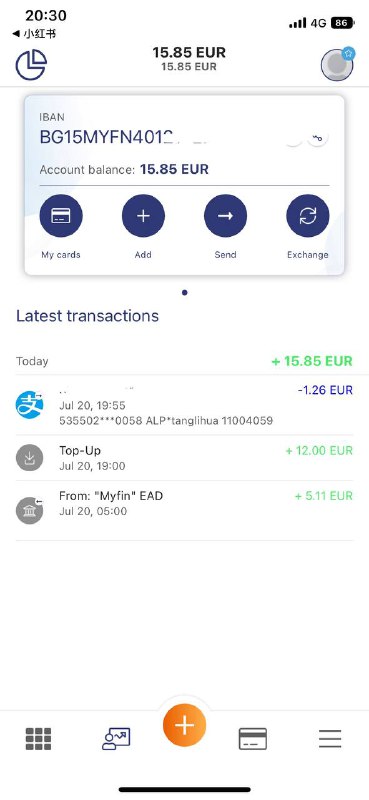 myfin 万事达虚拟卡绑支付宝消费后，奖励5.11欧已经到账N26平替有同名Iban，可以做出金中转桥，可免费申请虚拟卡，需要外国手机号和护照，无需地址证明通过邀请码注册可以得到奖励，消费0.1bgn奖励可以得到10bgn，1bgn等于4rmb 邀请码