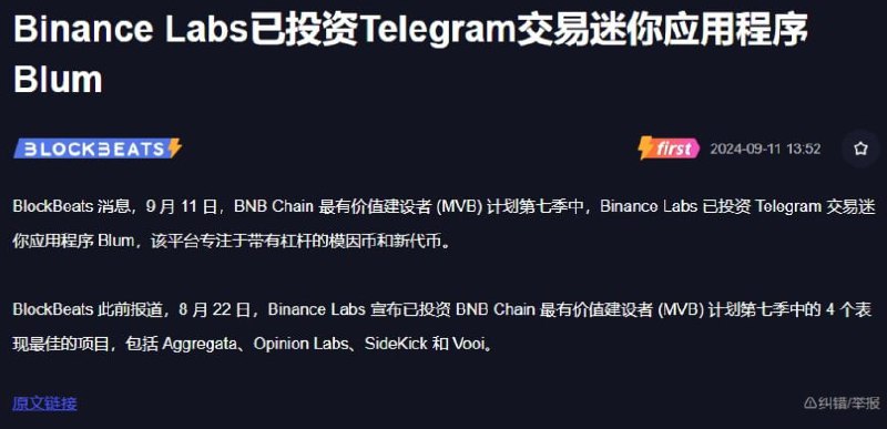 确定性机会空投，BLUM被币安投资了，明牌上币安blum空投领取  